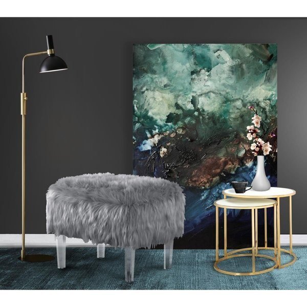 FON2642 Ricco Modern Contemporary Faux Fur Acrylic Leg Ottoman, Grey, Fixturesfirst, Mfr#: FI2541629
